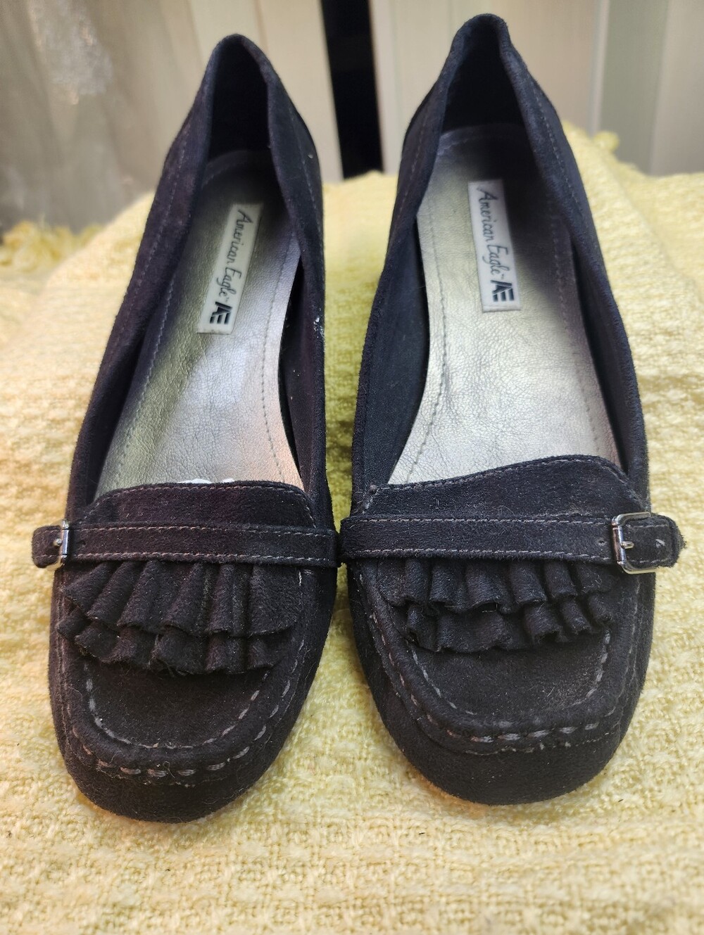 American Eagle Outfitters Black Suede Ruffle Loafers with Buckle